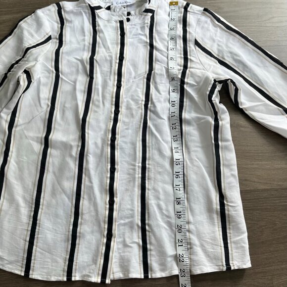 Calvin Klein White Smock-Neck Collarless Striped Blouse with Bell Sleeves - Picture 7 of 12